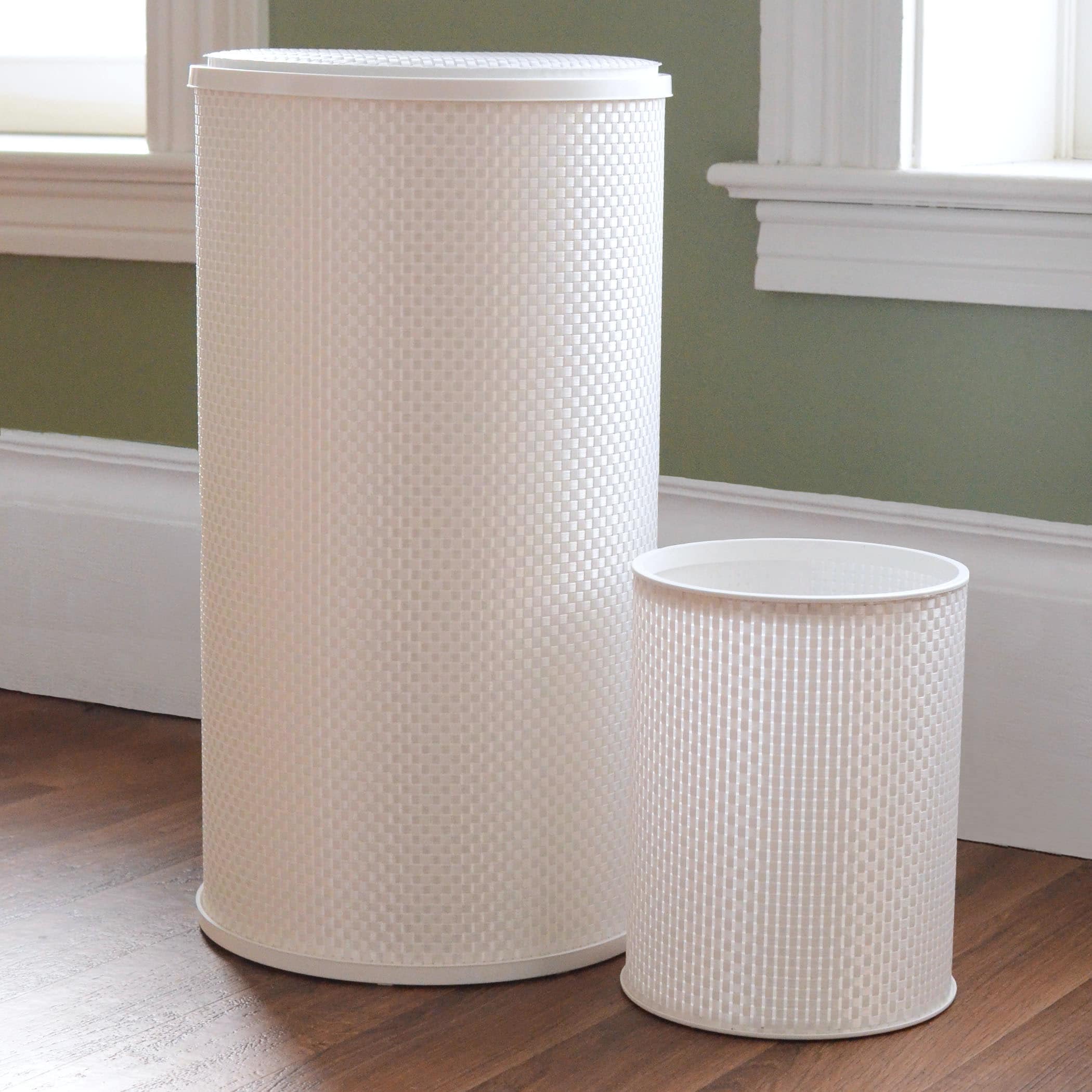 White Round Basketweave Hamper And Wastebasket Set (WhiteMaterials PVC, polyesterQuantity One (1) hamper, one (1) wastebasketSetting IndoorHamper dimensions 24 inches high x 13 inch diameterWastebasket dimensions 11.13 inches high x 8.75 inch diamete