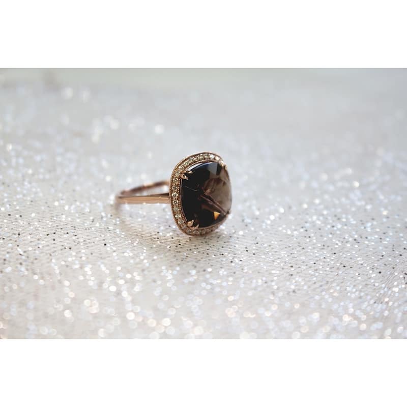 Annello by Kobelli 14k Rose Gold 8 1/4ct TGW Cushion Smoky Quartz and Diamond Halo Large Gemstone Ring