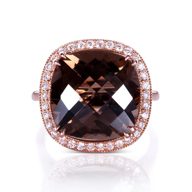Annello by Kobelli 14k Rose Gold 8 1/4ct TGW Cushion Smoky Quartz and Diamond Halo Large Gemstone Ring