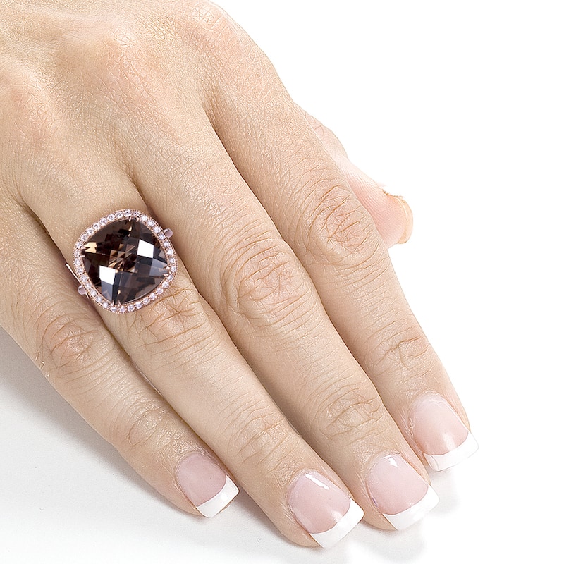 Annello by Kobelli 14k Rose Gold 8 1/4ct TGW Cushion Smoky Quartz and Diamond Halo Large Gemstone Ring