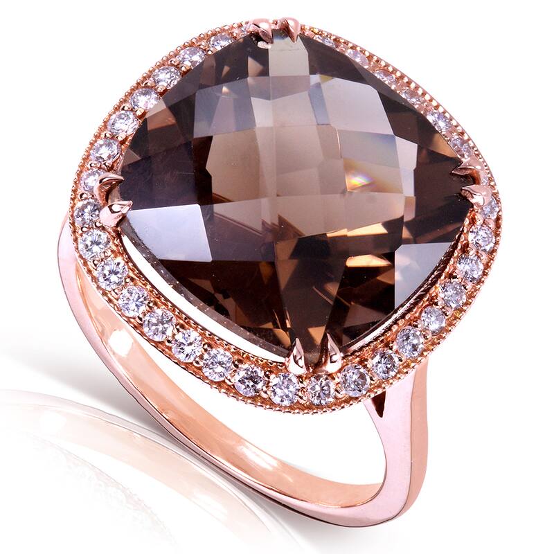 Annello by Kobelli 14k Rose Gold 8 1/4ct TGW Cushion Smoky Quartz and Diamond Halo Large Gemstone Ring