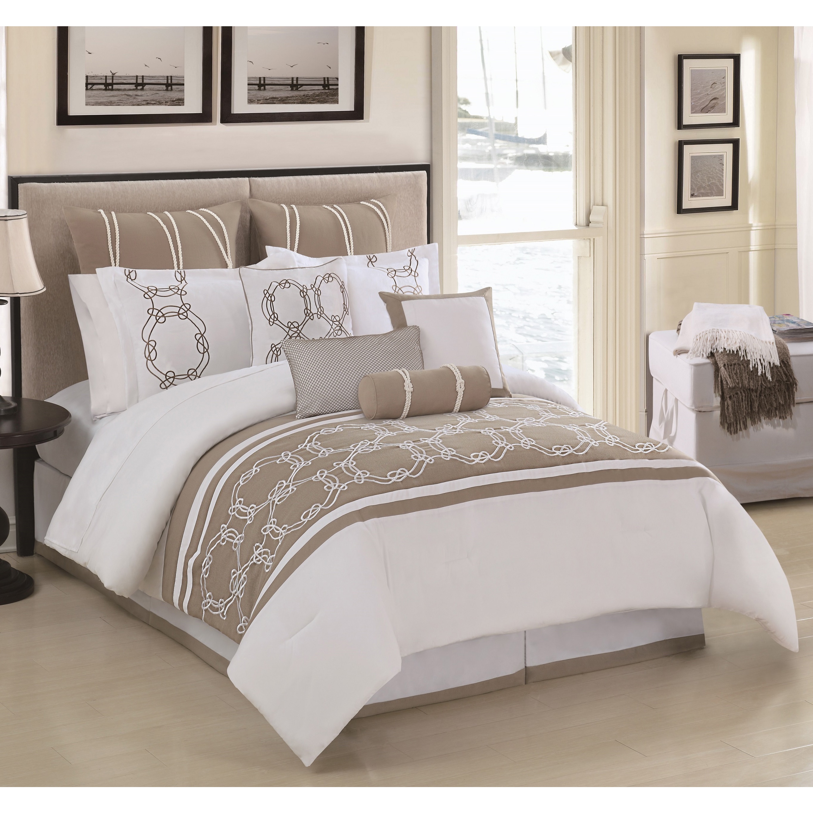 Private Label Cape Cod 10 piece Embroidered Comforter Set Tan Size Queen