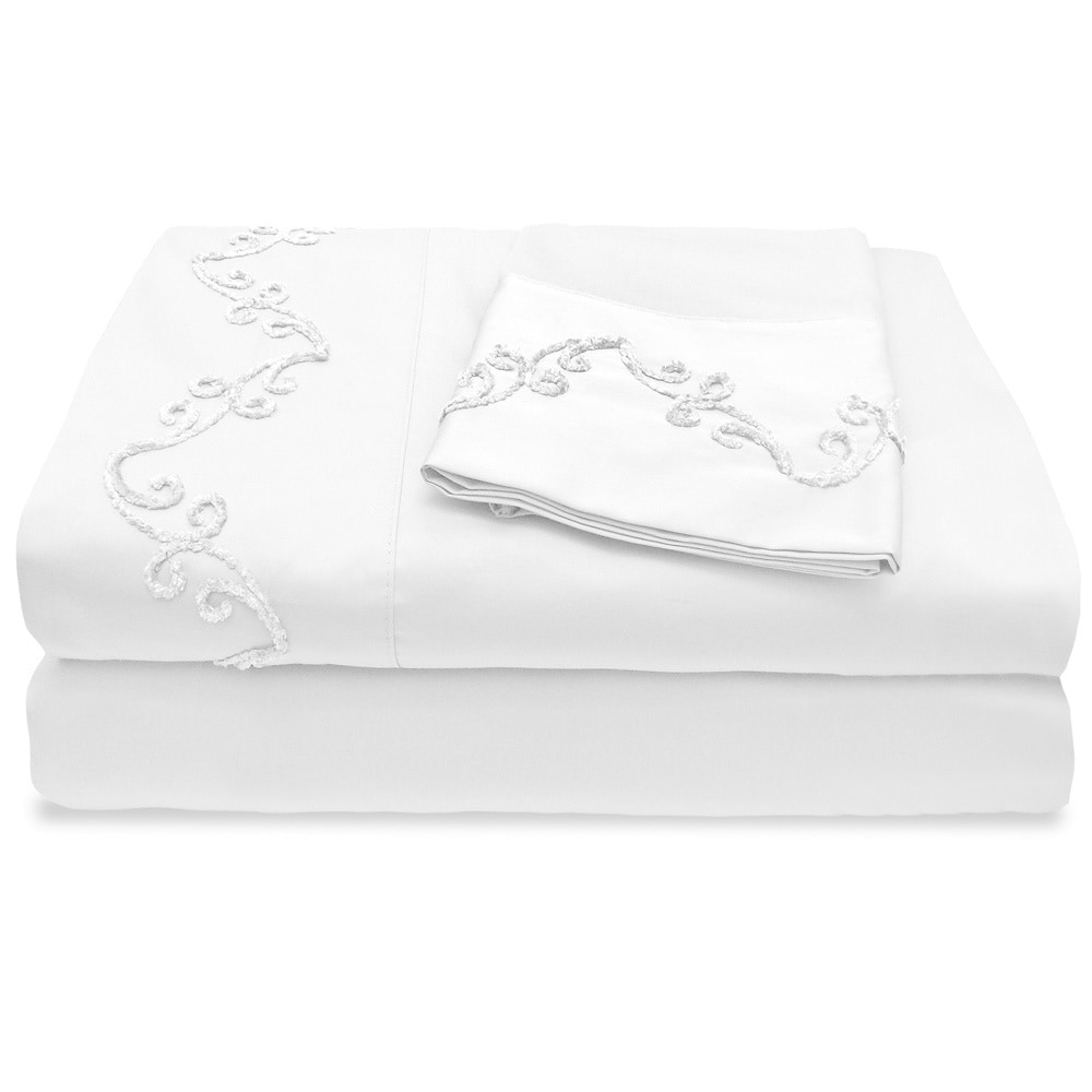 Veratex Grand Luxe 1200 Thread Count Egyptian Cotton Sheet Set With Chenille Embroidered Scroll Design White Size Full