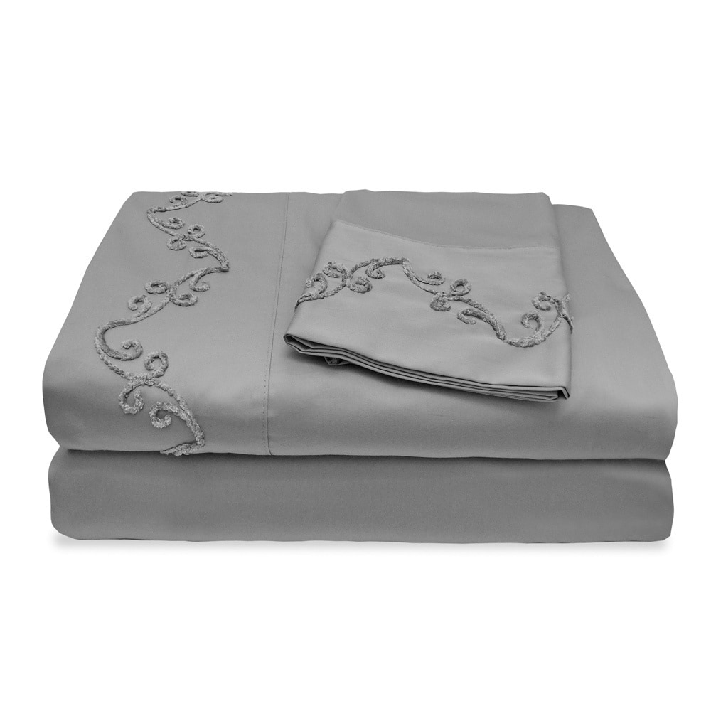 Veratex Grand Luxe 800 Thread Count Egyptian Cotton Sheet Set With Chenille Embroidered Scroll Design Pewter Size Full