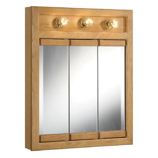 Design House Richland Nutmeg Oak lighted 3 door Tri view Mirror Wall Cabinet