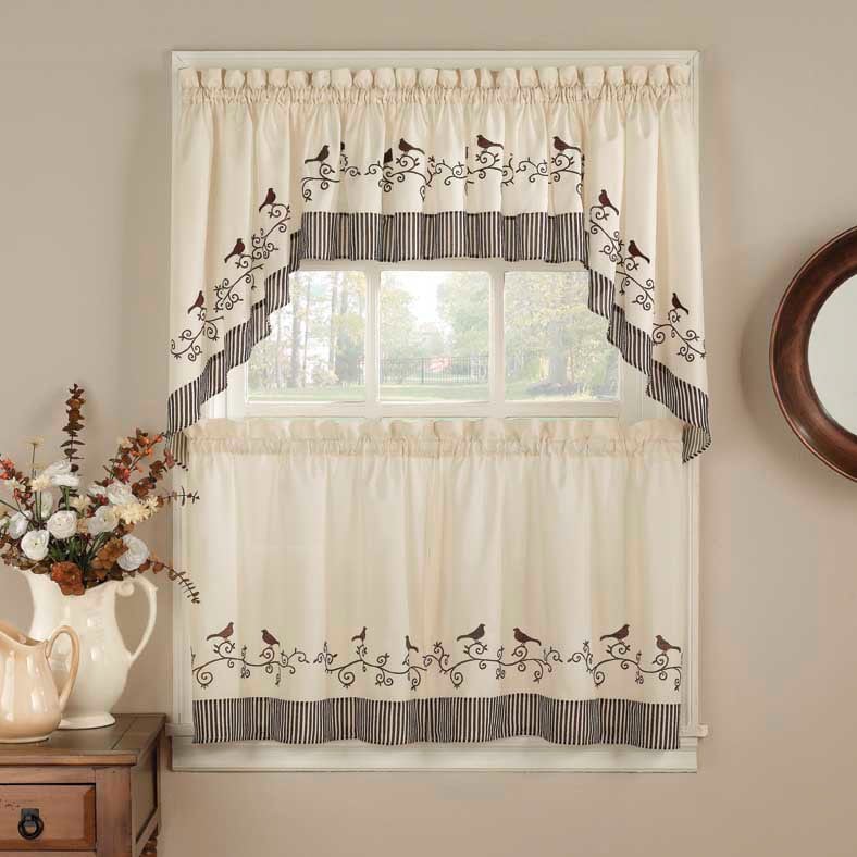 Birds Chocolate 5 piece Curtain Tier And Swag Set