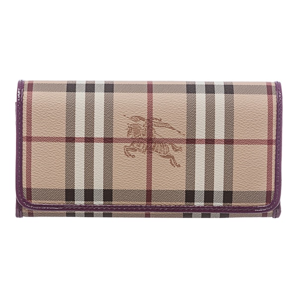 Burberry 'Penrose' Beige and Purple Haymarket Patent Trim Continental Wallet Burberry Designer Wallets