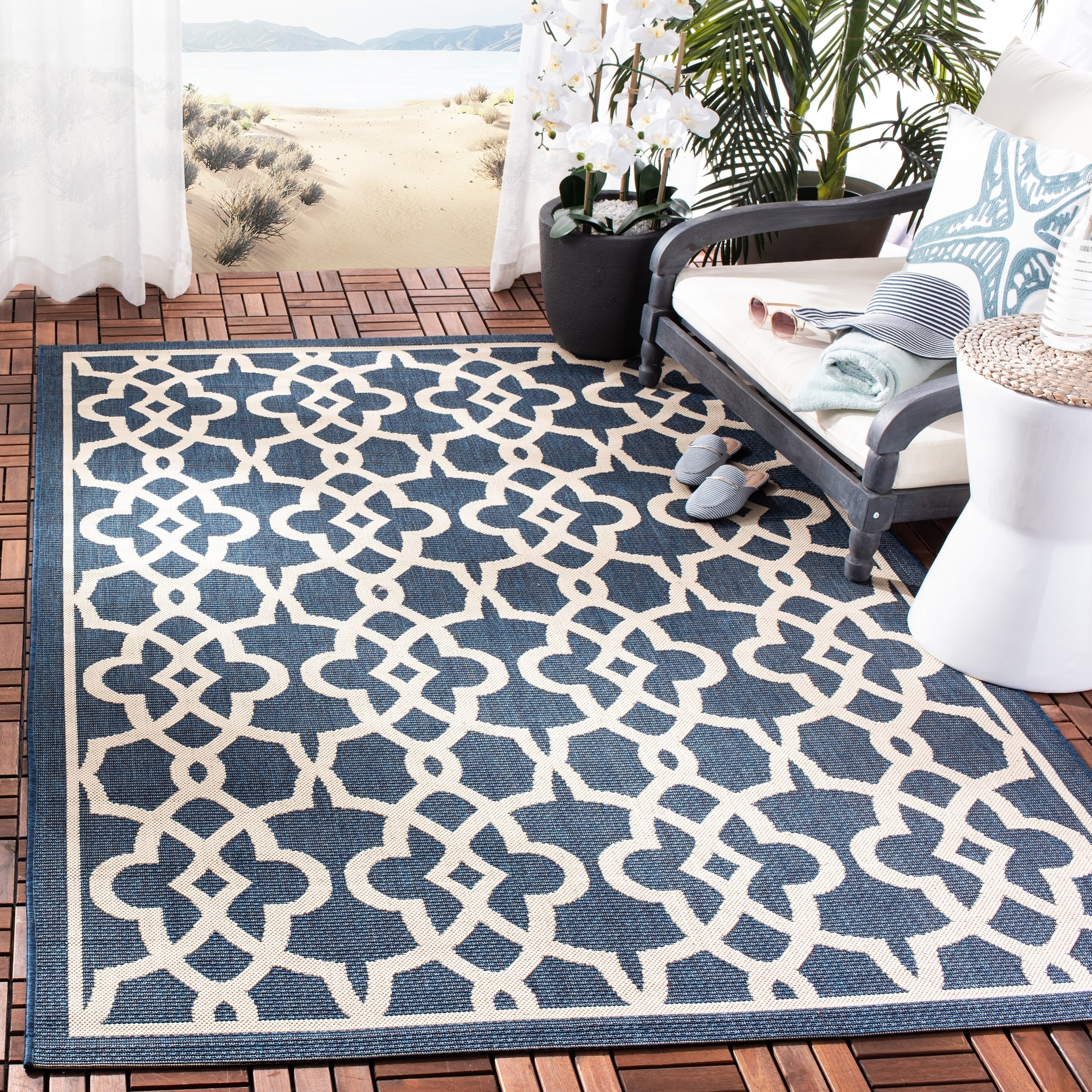 Safavieh Indoor/ Outdoor Courtyard Navy/ Beige Rug (8 X 11)