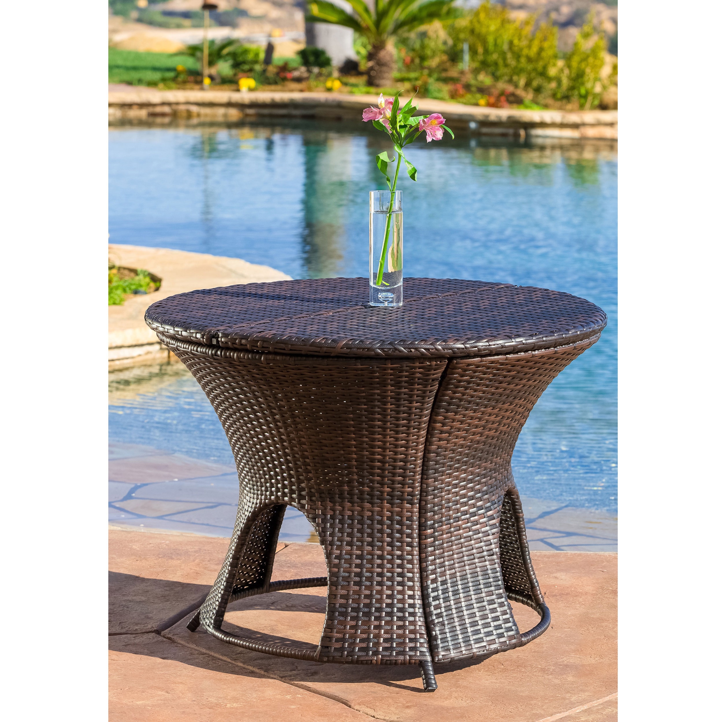 Christopher Knight Home Rodolfo Wicker Multibrown Outdoor Round Storage Table (MultibrownFeatures a double sided top that opens from both sidesIdeal for storing a variety of outdoor itemsSome assembly requiredDimensions 24.50 inches high x 32.75 inches w