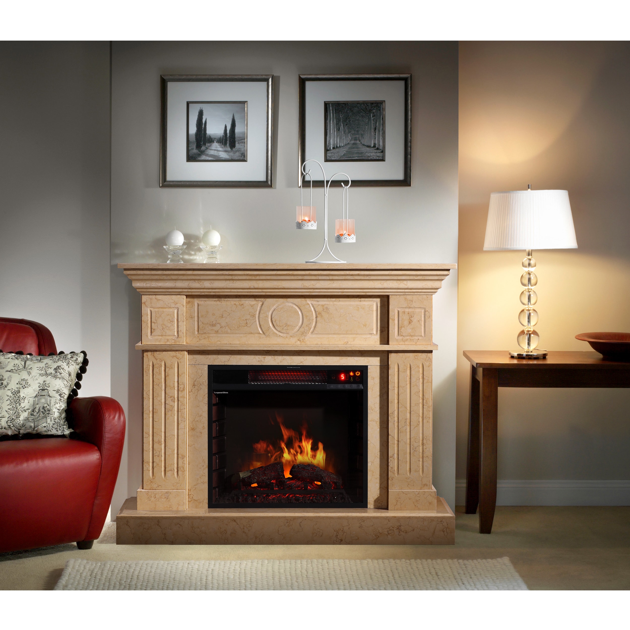 Sirio Electric Flame Travertine Mantel Fireplace