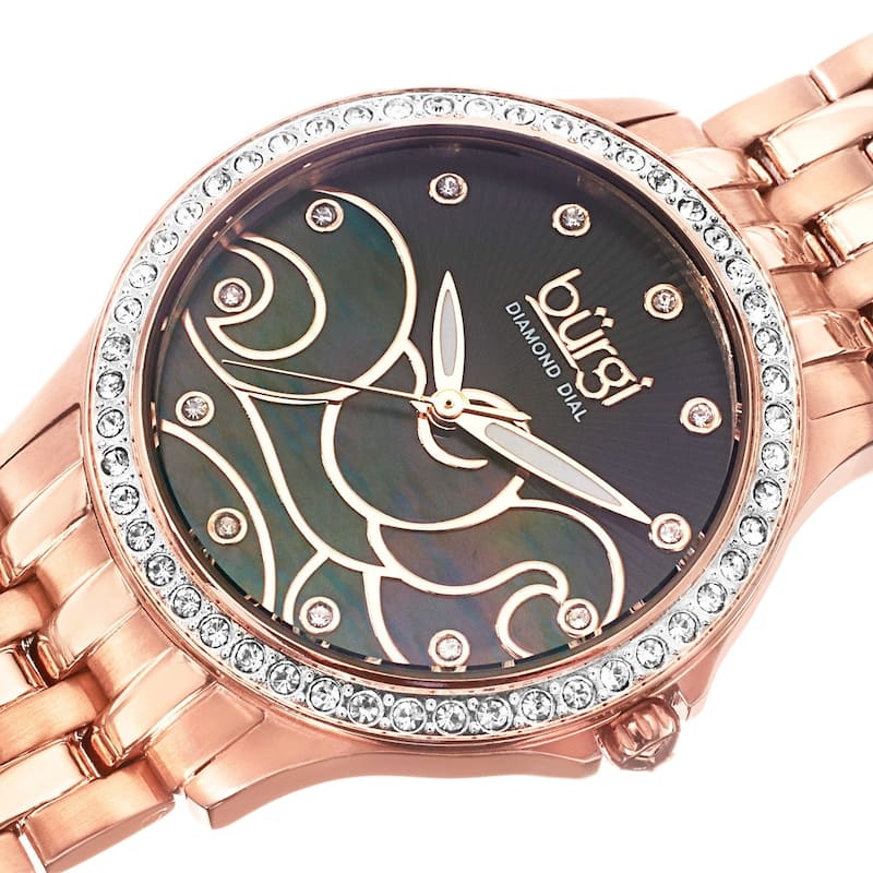 Burgi Women's Swiss Quartz Diamond Wave Dial Rose-Tone Bracelet Watch