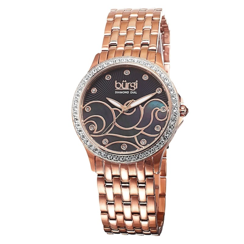 Burgi Women's Swiss Quartz Diamond Wave Dial Rose-Tone Bracelet Watch