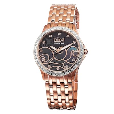 Burgi Women's Swiss Quartz Diamond Wave Dial Rose-Tone Bracelet Watch