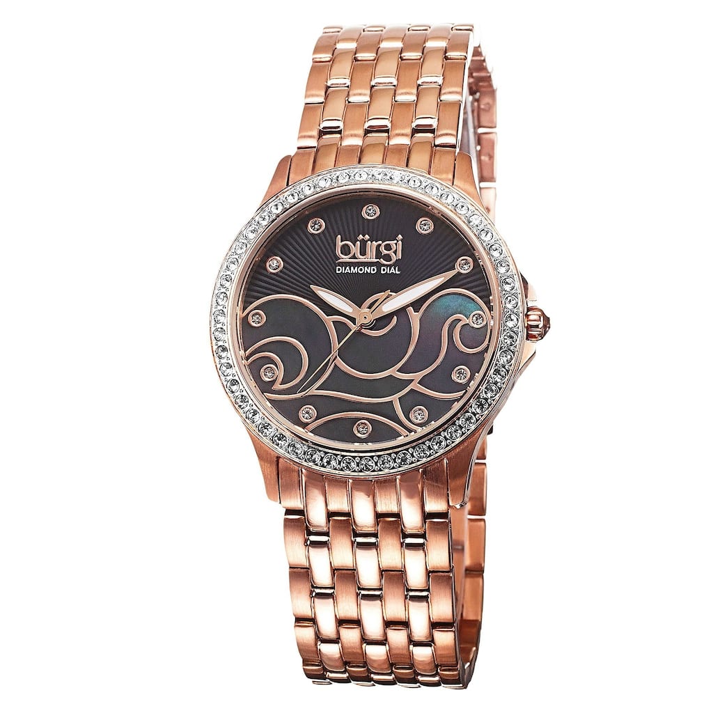 Burgi Women's Swiss Quartz Diamond Wave Dial Rose-Tone Bracelet Watch