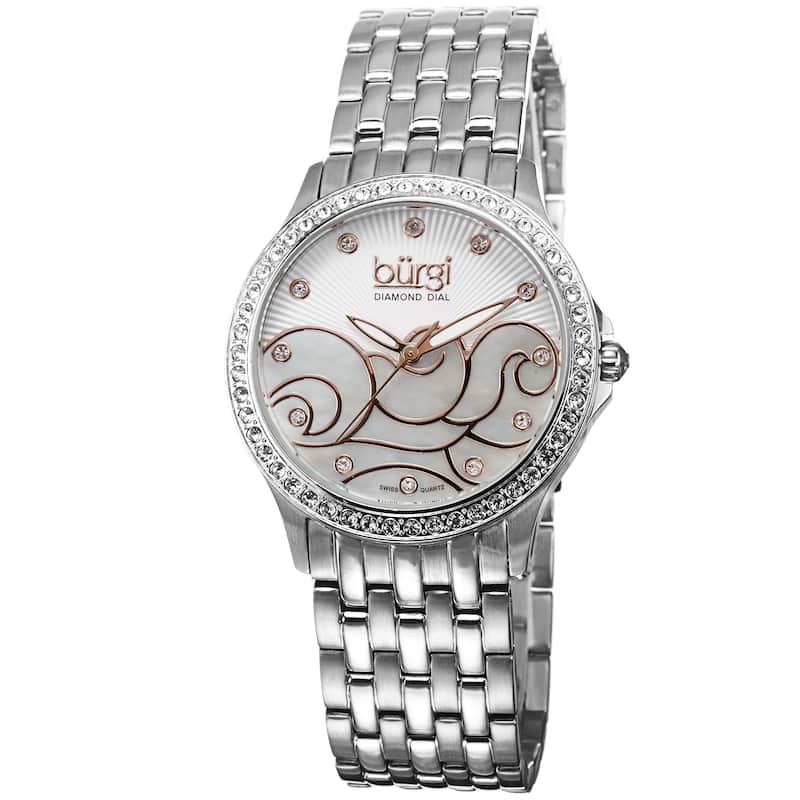 Burgi Women's Swiss Quartz Diamond Wave Dial Silver-Tone Bracelet Watch