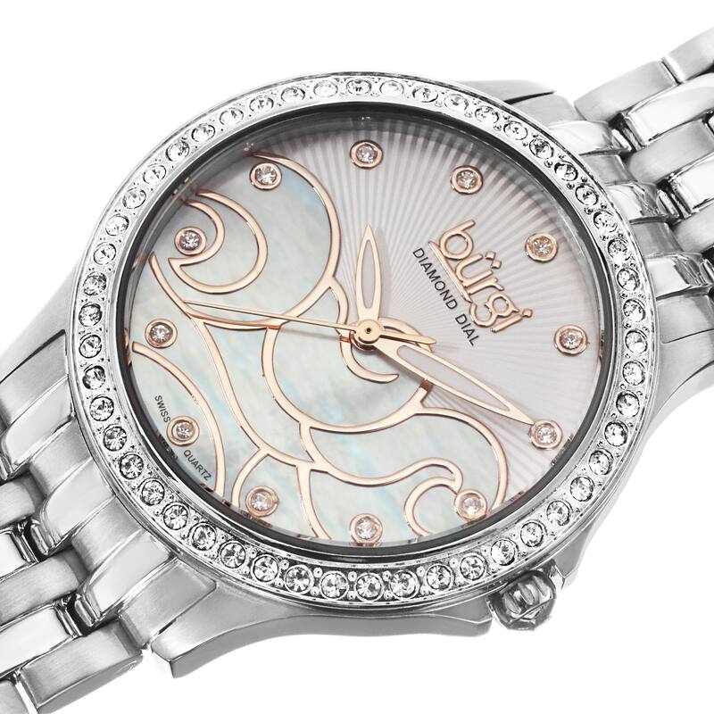 Burgi Women's Swiss Quartz Diamond Wave Dial Silver-Tone Bracelet Watch