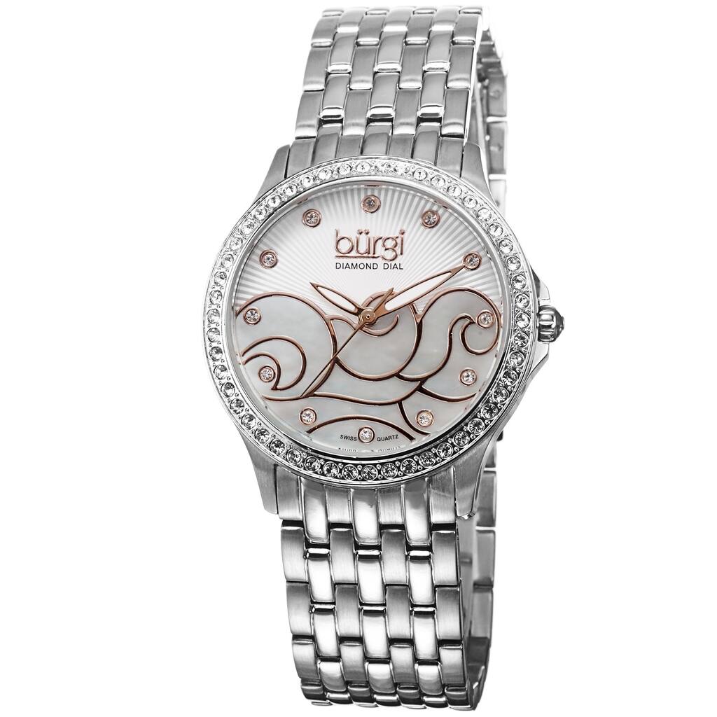 Burgi Women's Swiss Quartz Diamond Wave Dial Silver-Tone Bracelet Watch