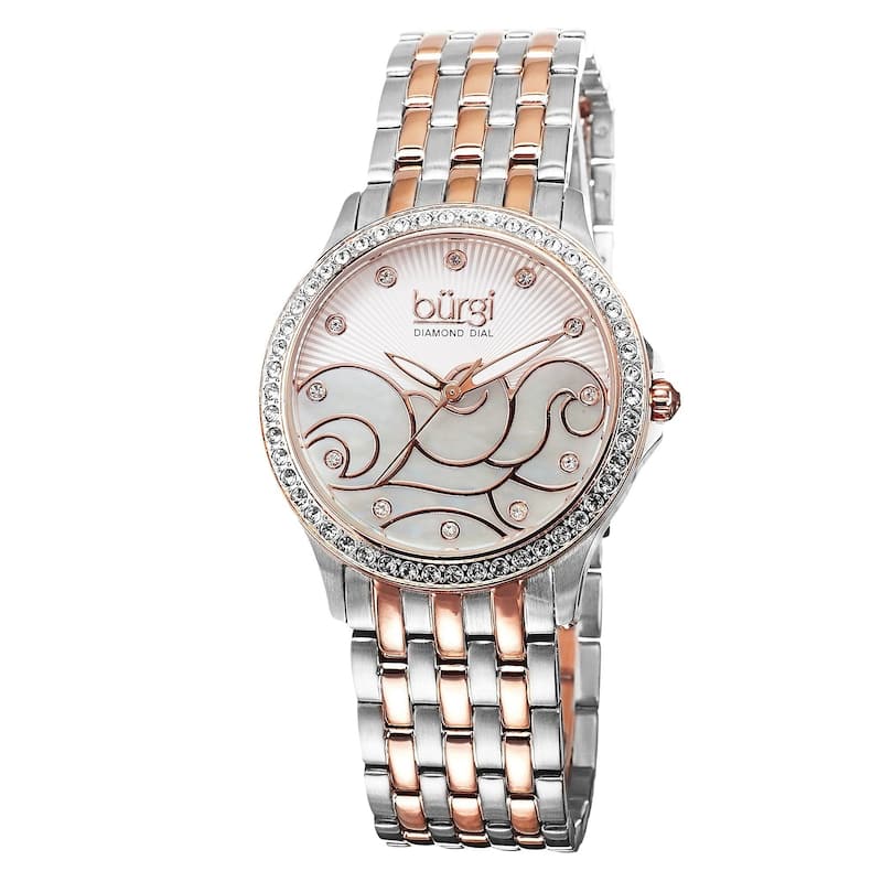 Burgi Women's Swiss Quartz Diamond Wave Dial Two-Tone Bracelet Watch