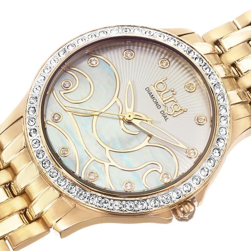 Burgi Women's Swiss Quartz Diamond Wave Dial Gold-Tone Bracelet Watch