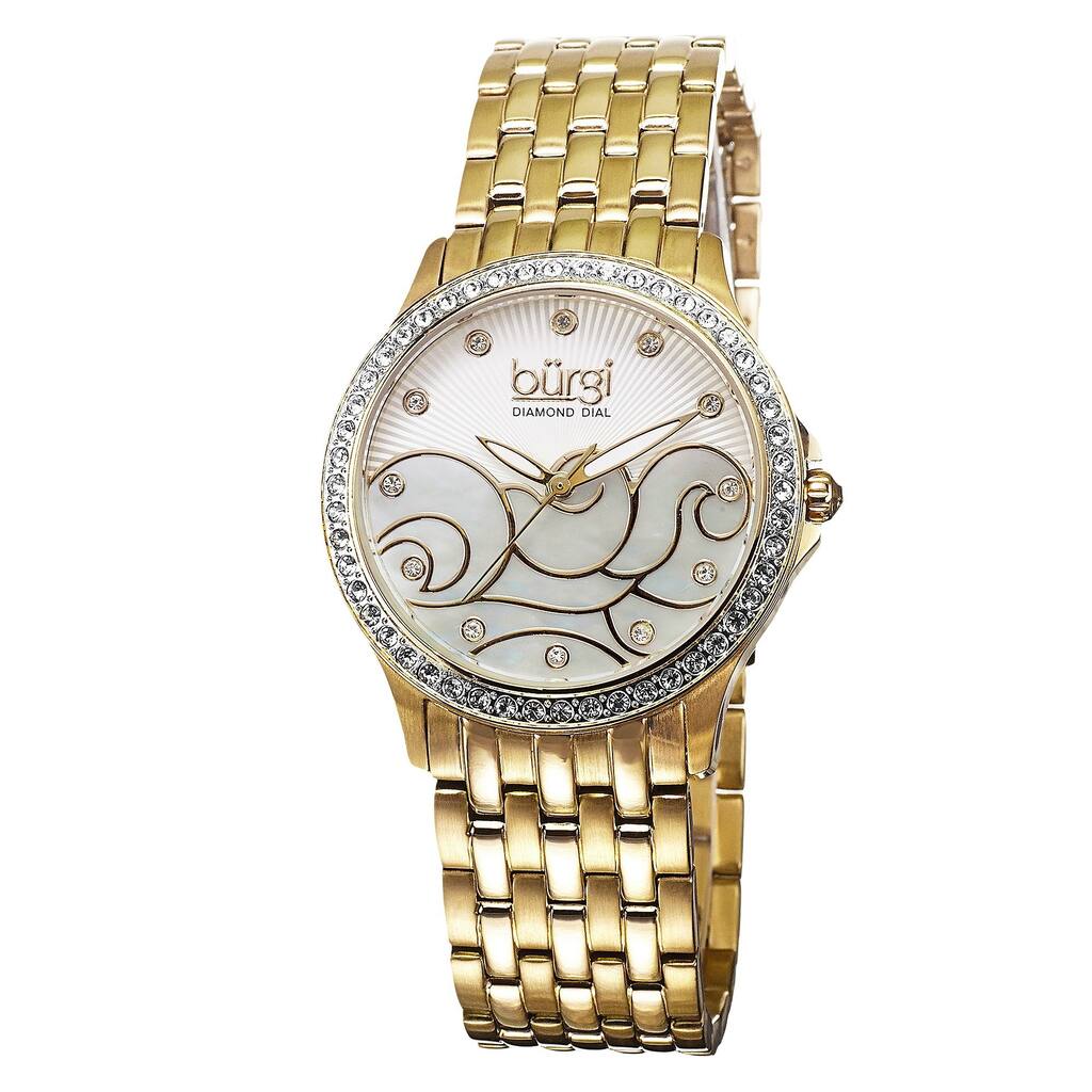 Burgi Women's Swiss Quartz Diamond Wave Dial Gold-Tone Bracelet Watch