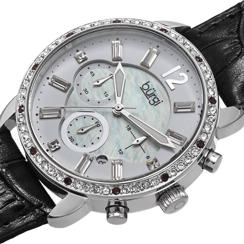 Burgi Women's Crystal Dial Chronograph Leather Black Strap Watch