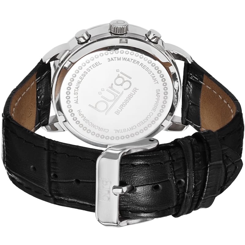 Burgi Women's Crystal Dial Chronograph Leather Black Strap Watch