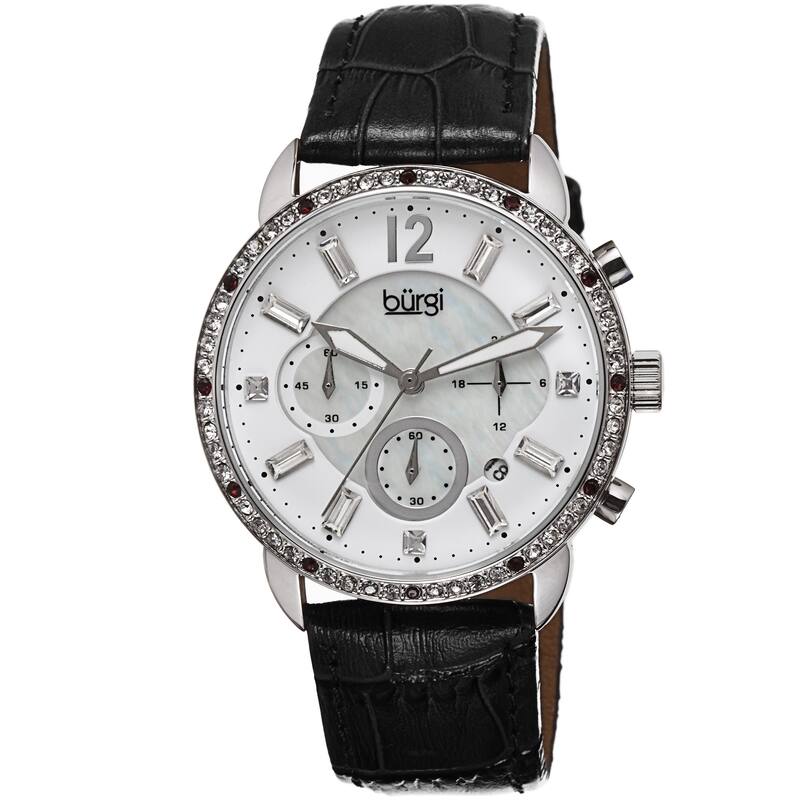 Burgi Women's Crystal Dial Chronograph Leather Black Strap Watch