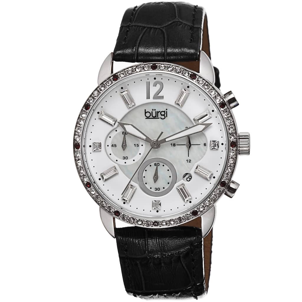 Burgi Women's Crystal Dial Chronograph Leather Black Strap Watch