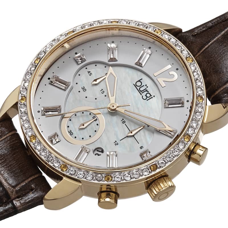 Burgi Women's Crystal Dial Chronograph Leather Brown Strap Watch