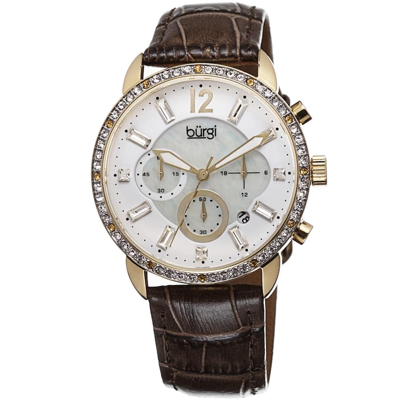 Burgi Women's Crystal Dial Chronograph Leather Brown Strap Watch