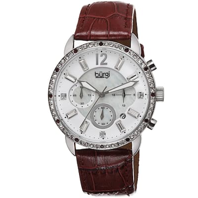 Burgi Women's Crystal Dial Chronograph Leather Strap Watch