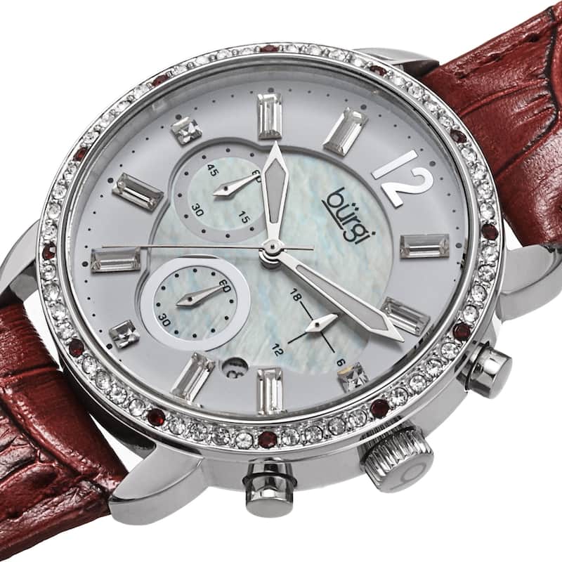 Burgi Women's Crystal Dial Chronograph Leather Strap Watch