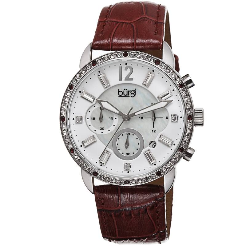 Burgi Women's Crystal Dial Chronograph Leather Strap Watch
