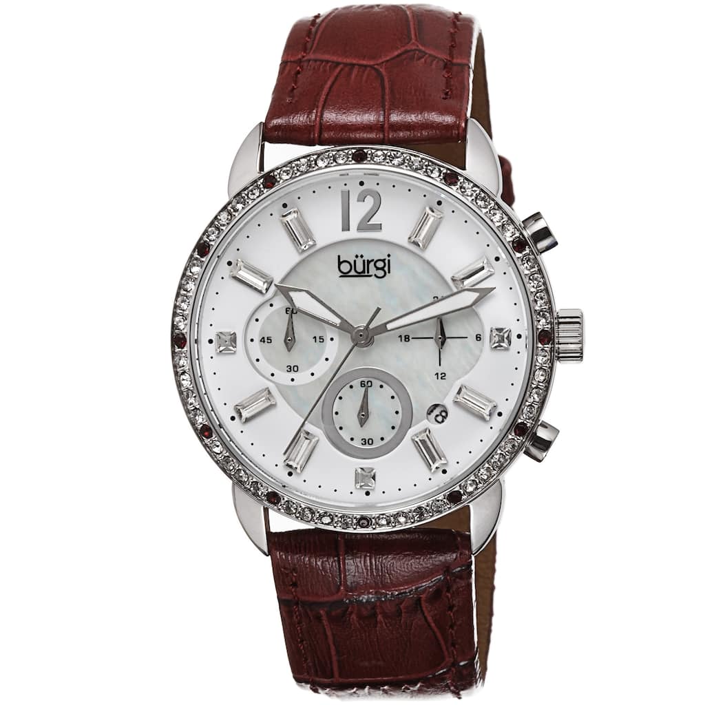 Burgi Women's Crystal Dial Chronograph Leather Strap Watch