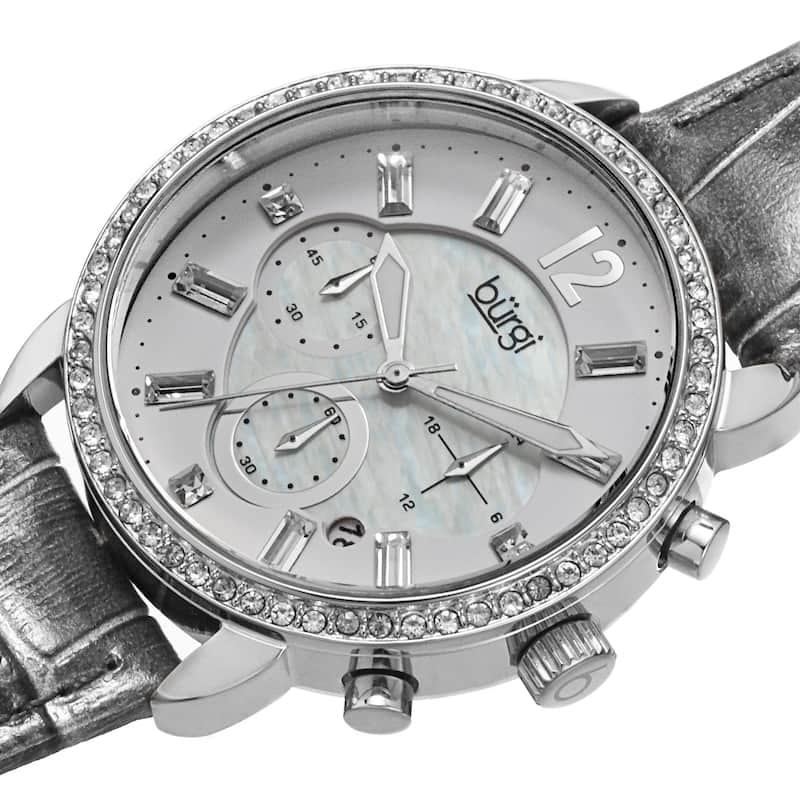 Burgi Women's Crystal Dial Chronograph Leather Grey Strap Watch