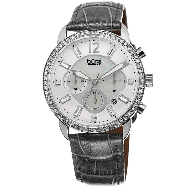 Burgi Women's Crystal Dial Chronograph Leather Grey Strap Watch