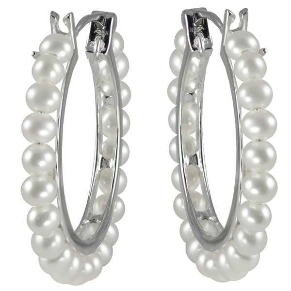 Pearls For You Sterling Silver White Freshwater Pearl Hoop Earrings (3.5-4 mm). Opens flyout.