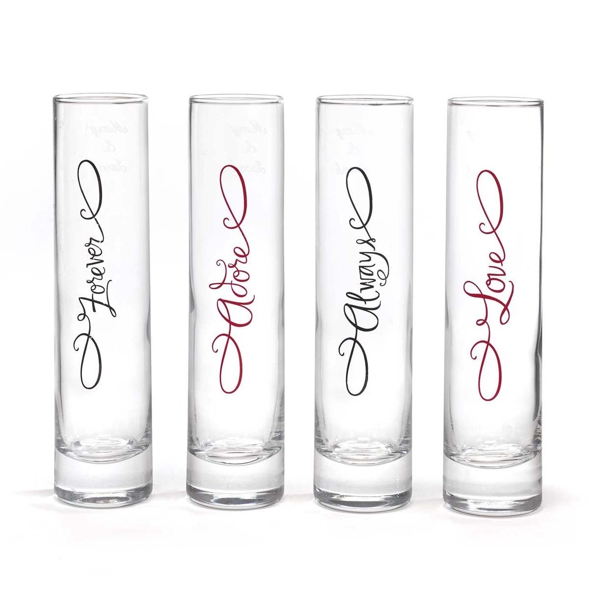Lovely Word Glass Cylinder (set Of 4) (Clear/ black/ redSet includes Four (4) glassesText Forever, Adore, Always, LoveDimensions 7.5 inches x 1.75 inches x 1.75 inches )