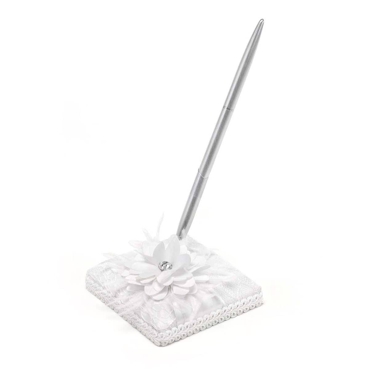 White Layers Of Lace Pen Set (WhiteMaterials Satin, metal, lace, ribbon, feathers, rhinestoneIncludes One (1) One (1) square base, one (1) penDimensions 8.625 inches x 3.75 inches x 3.75 inches )