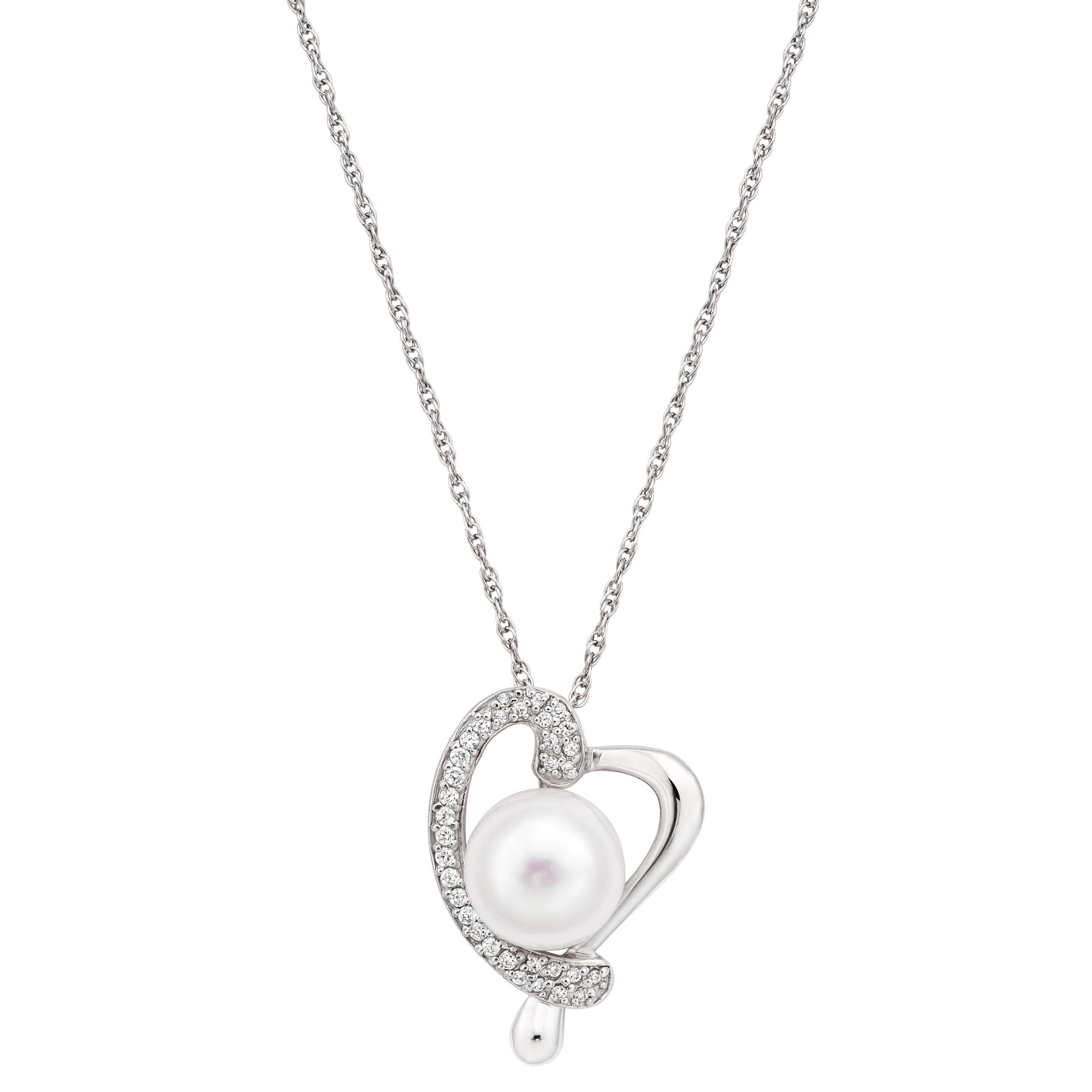 Pearlyta Sterling Silver Freshwater Button Pearl and Cubic Zirconia Heart Necklace (10 - 11mm) - White