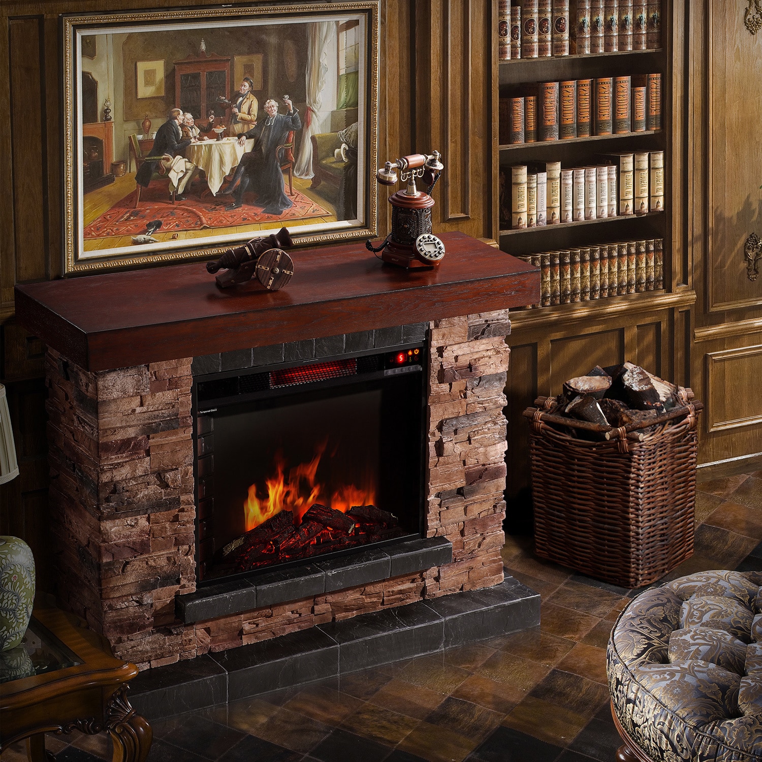 Sirio Stacked Stone Mantel Electric Flame Fireplace