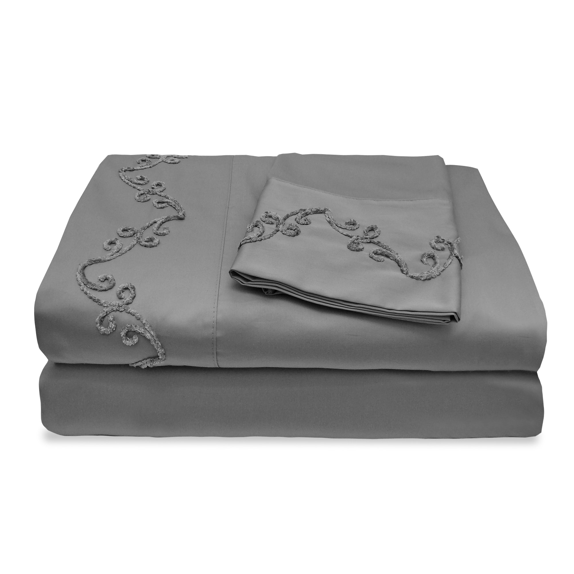 Veratex Grand Luxe 500 Thread Count Egyptian Cotton Deep Pocket Sheet Set With Chenille Embroidered Scroll Design Silver Size Twin