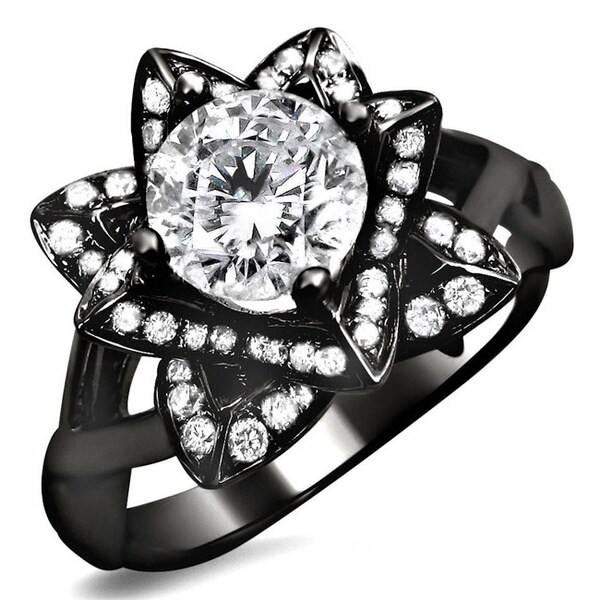 Noori 14k Black Gold 1ct Round Diamond Lotus Flower Engagement Ring