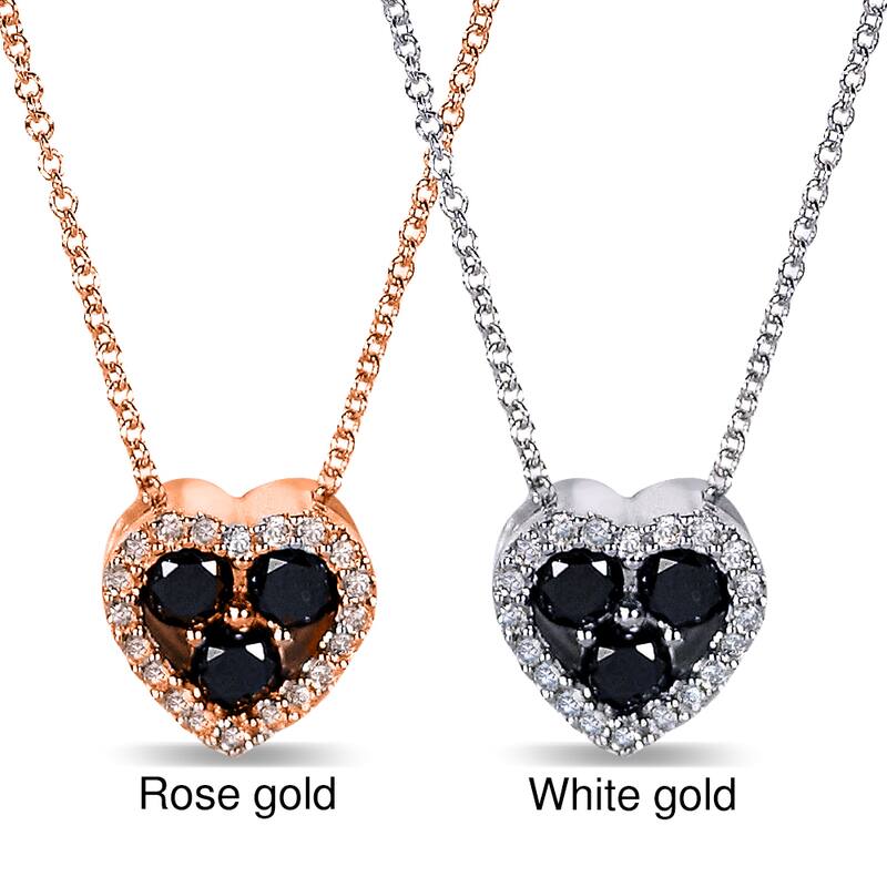Annello by Kobelli 10k Gold 2/5ct TDW Black and White Diamond Halo Petite Heart Necklace