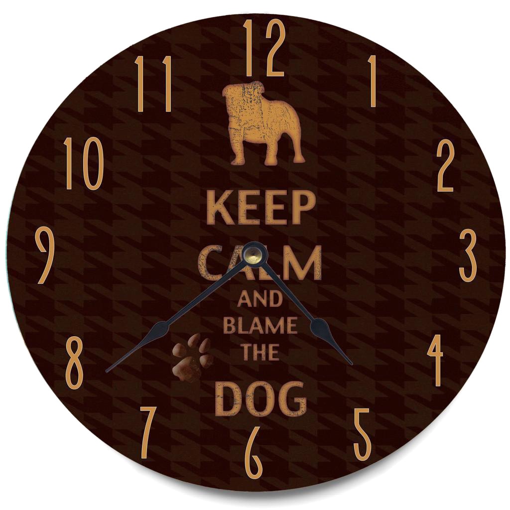 Keep Calm And Blame The Dog Brown Wood Clock (BrownMaterials Quartz mechanism, metal, MDF woodQuantity One (1) clockSetting IndoorDimensions 12 inch diameter x 0.4 inch thickRequires one (1) AA battery (not included)  )