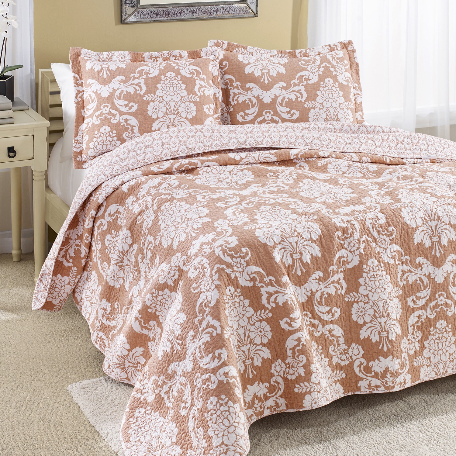 Laura Ashley Laura Ashley Venetia Coral Reversible Cotton 3 piece Quilt Set Orange Size Twin