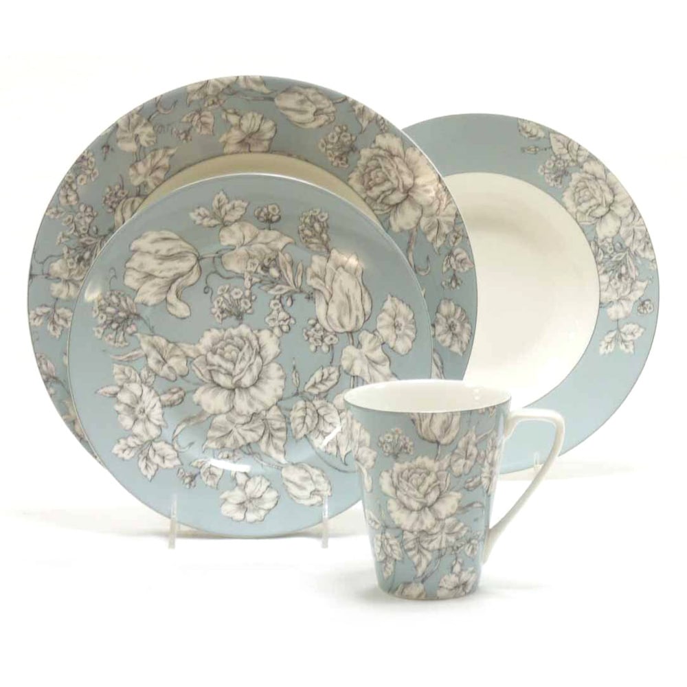 222 Fifth Country Toile Aqua 16 piece Porcelain Dinnerware Set