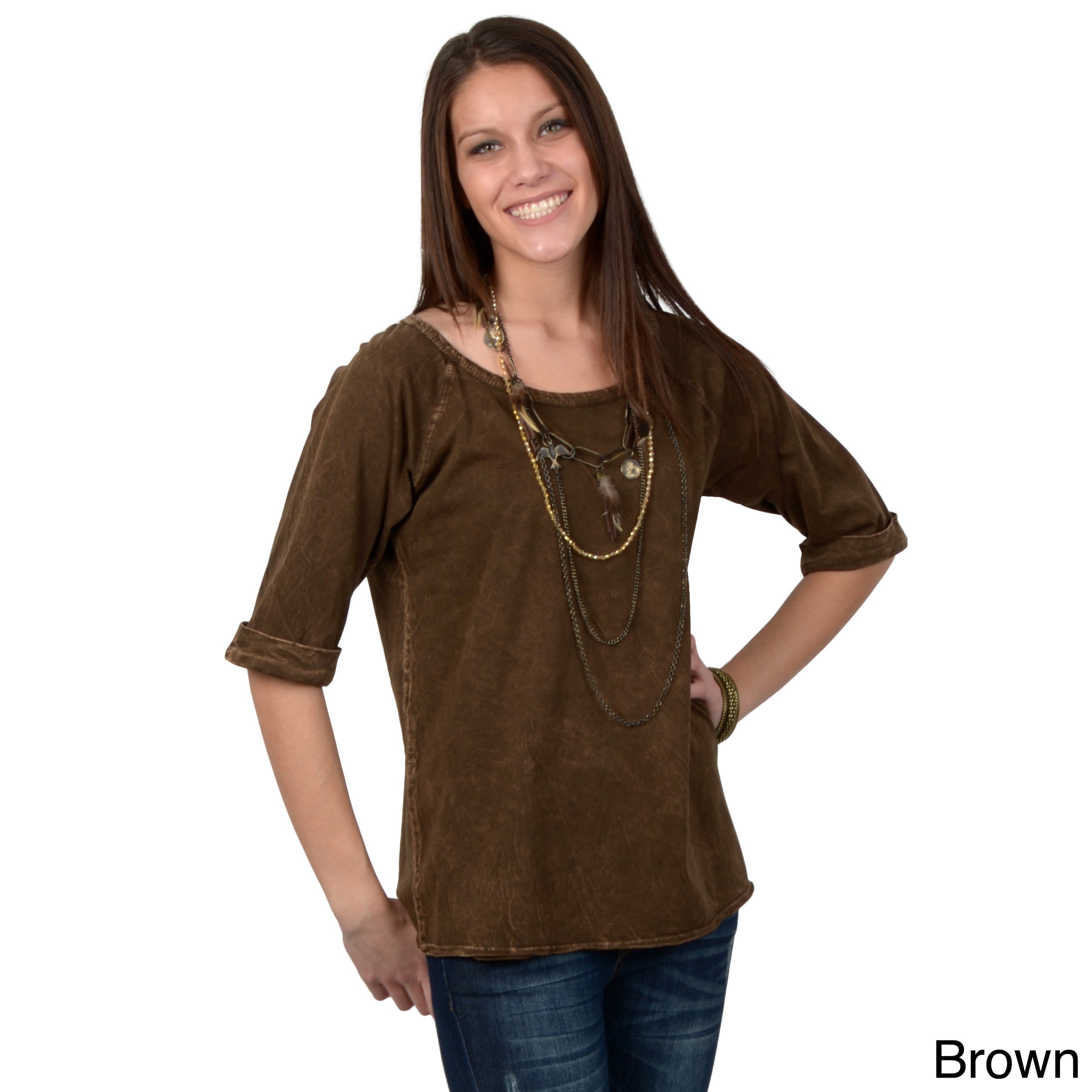 Journee Collection Womens Distressed Three quarter Sleeve Top