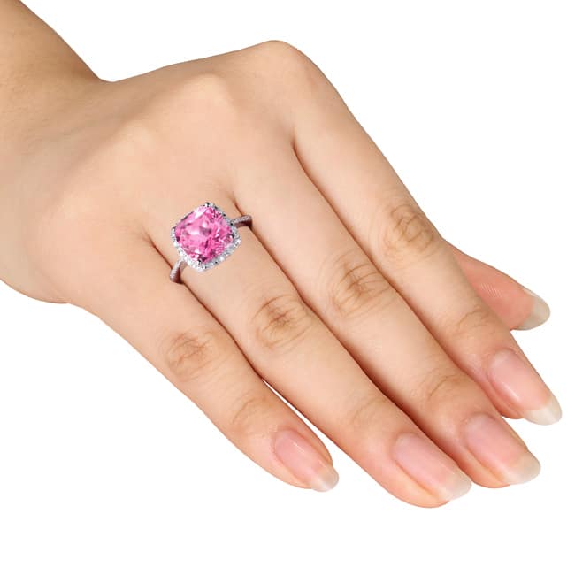 Miadora Sterling Silver Cushion-cut Created Pink Sapphire and 1/10ct TDW Diamond Cocktail Halo Ring
