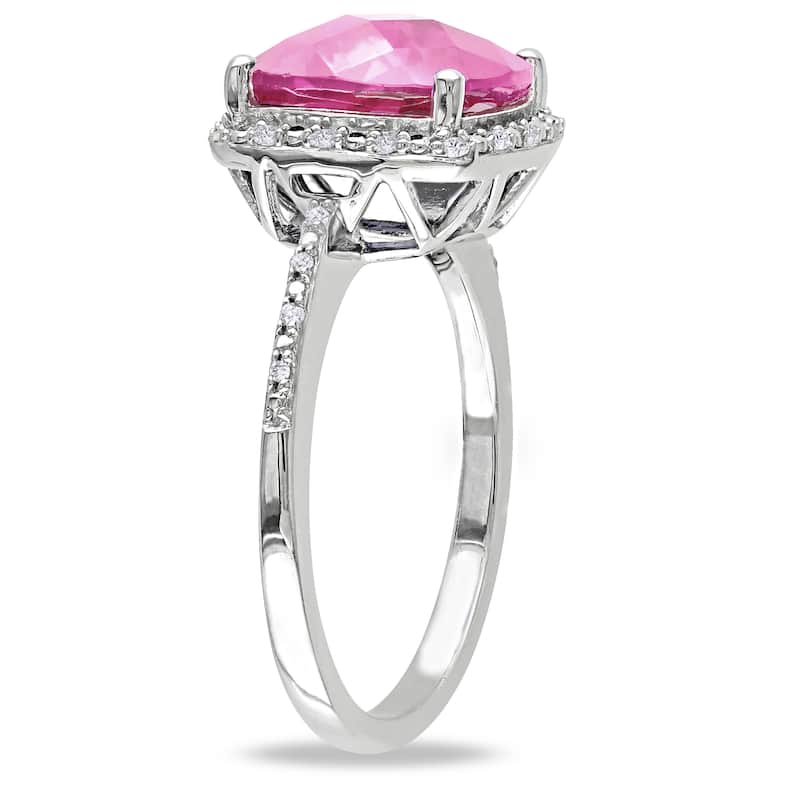 Miadora Sterling Silver Cushion-cut Created Pink Sapphire and 1/10ct TDW Diamond Cocktail Halo Ring